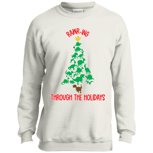 Dinosaur Christmas Tree Rawring Through The Holidays Youth Crewneck Sweatshirt