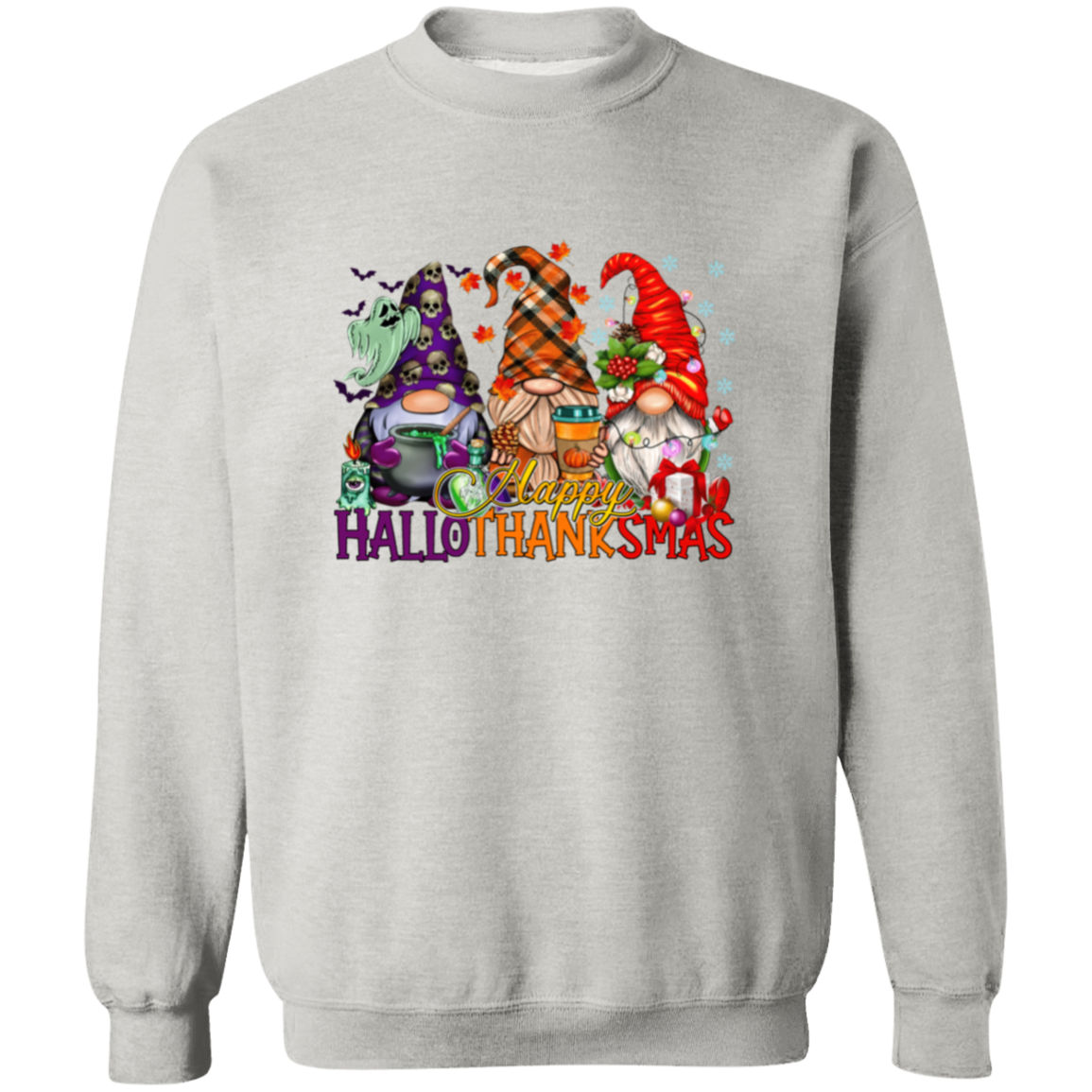 HalloThanksMas Gnomes Crewneck Pullover Sweatshirt