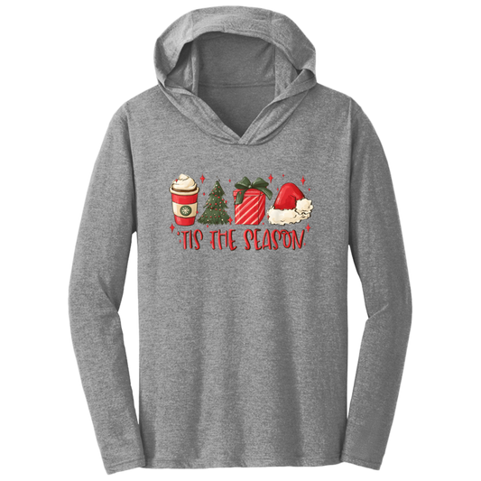 Tis The Season Christmas Tree, Present, Coffee, Santa Hat Triblend T-Shirt Hoodie