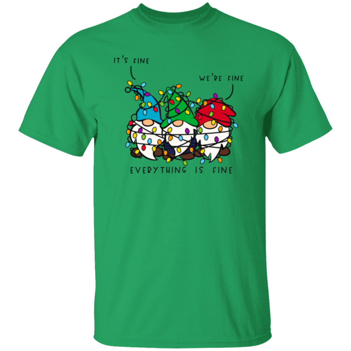 It's Fine, We're Fine, Everything Is Fine Christmas Lights Gnomes Funny Holiday T-Shirt