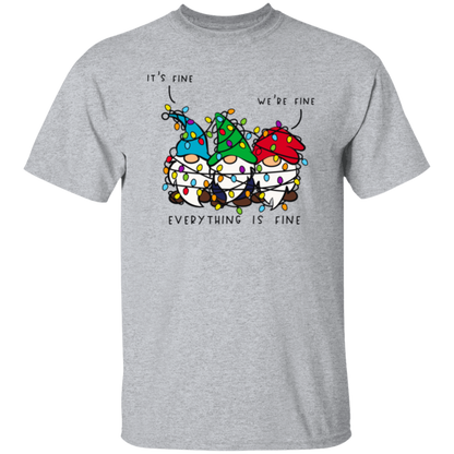 It's Fine, We're Fine, Everything Is Fine Christmas Lights Gnomes Funny Holiday T-Shirt