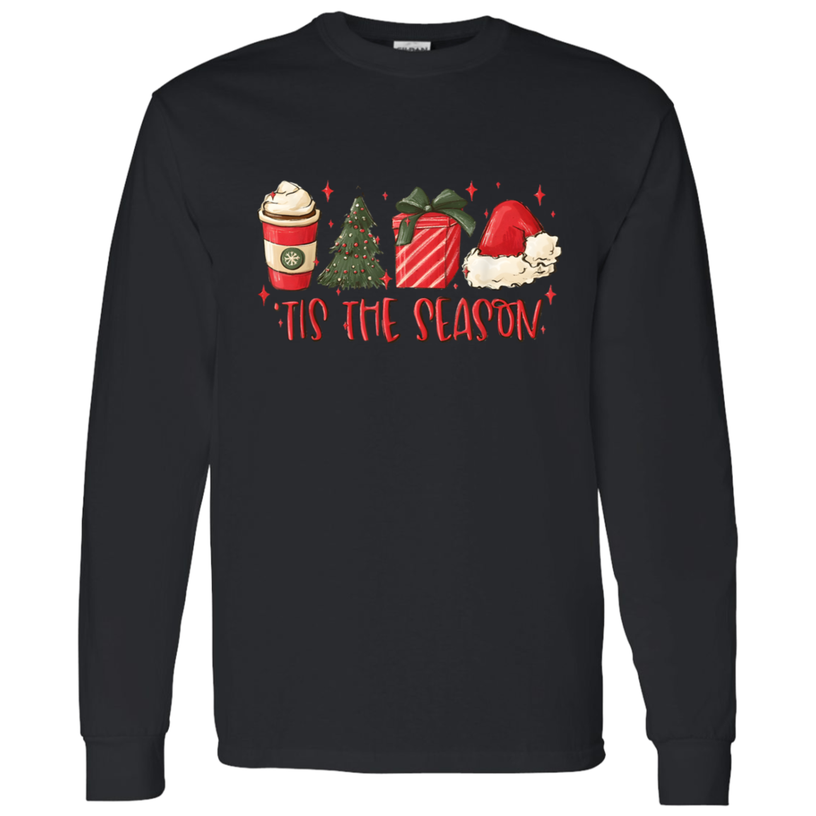 Tis The Season Christmas Tree, Present, Coffee, Santa Hat LS T-Shirt