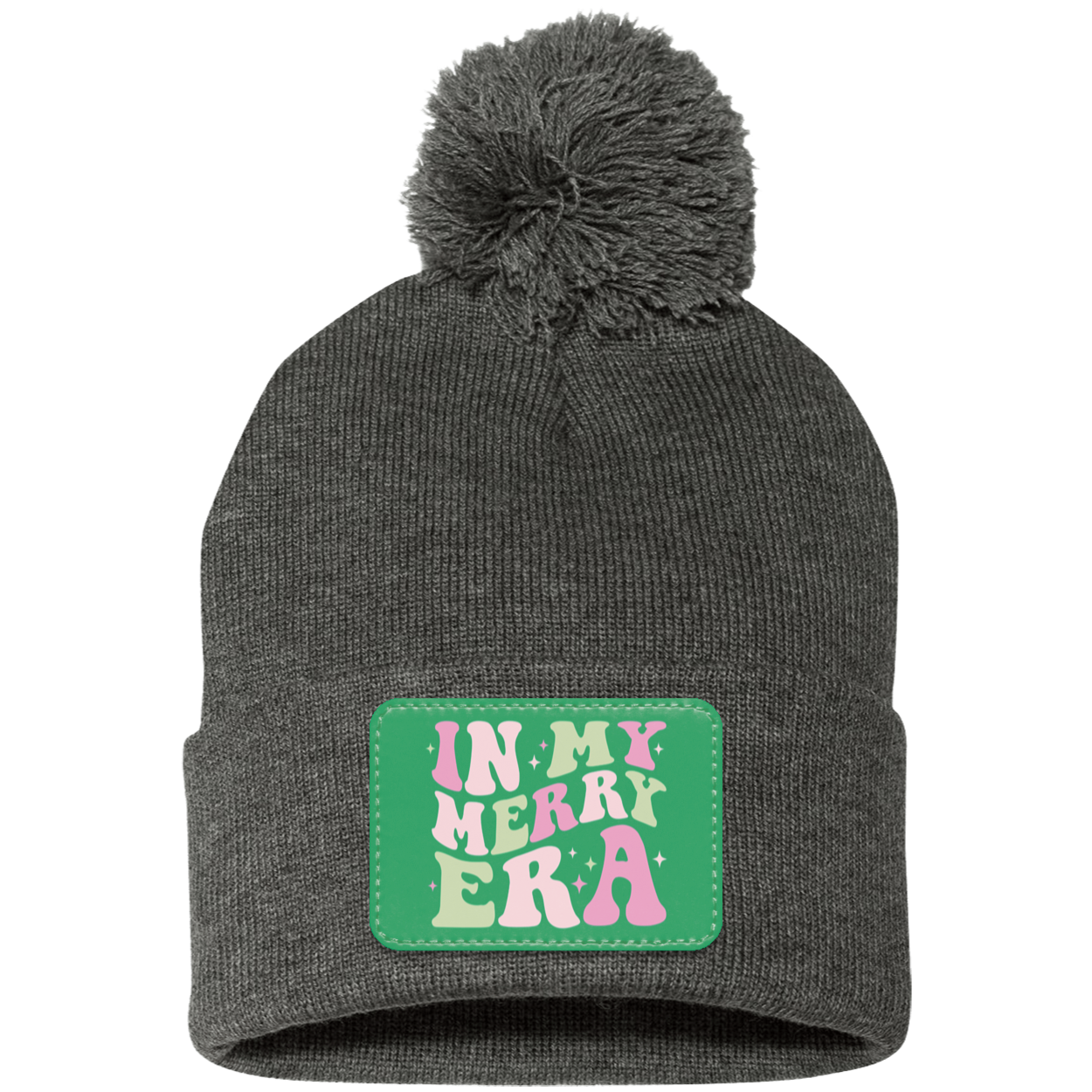 In My Merry Era Retro Christmas Pom Pom Knit Cap - Green Patch