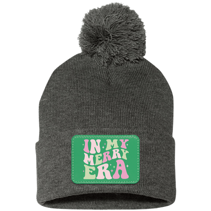 In My Merry Era Retro Christmas Pom Pom Knit Cap - Green Patch