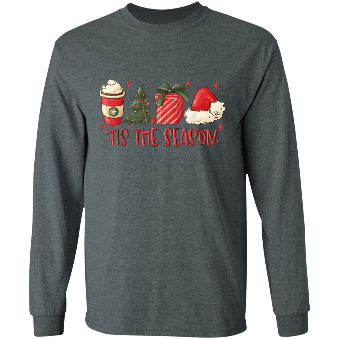 Tis The Season Christmas Tree, Present, Coffee, Santa Hat LS T-Shirt