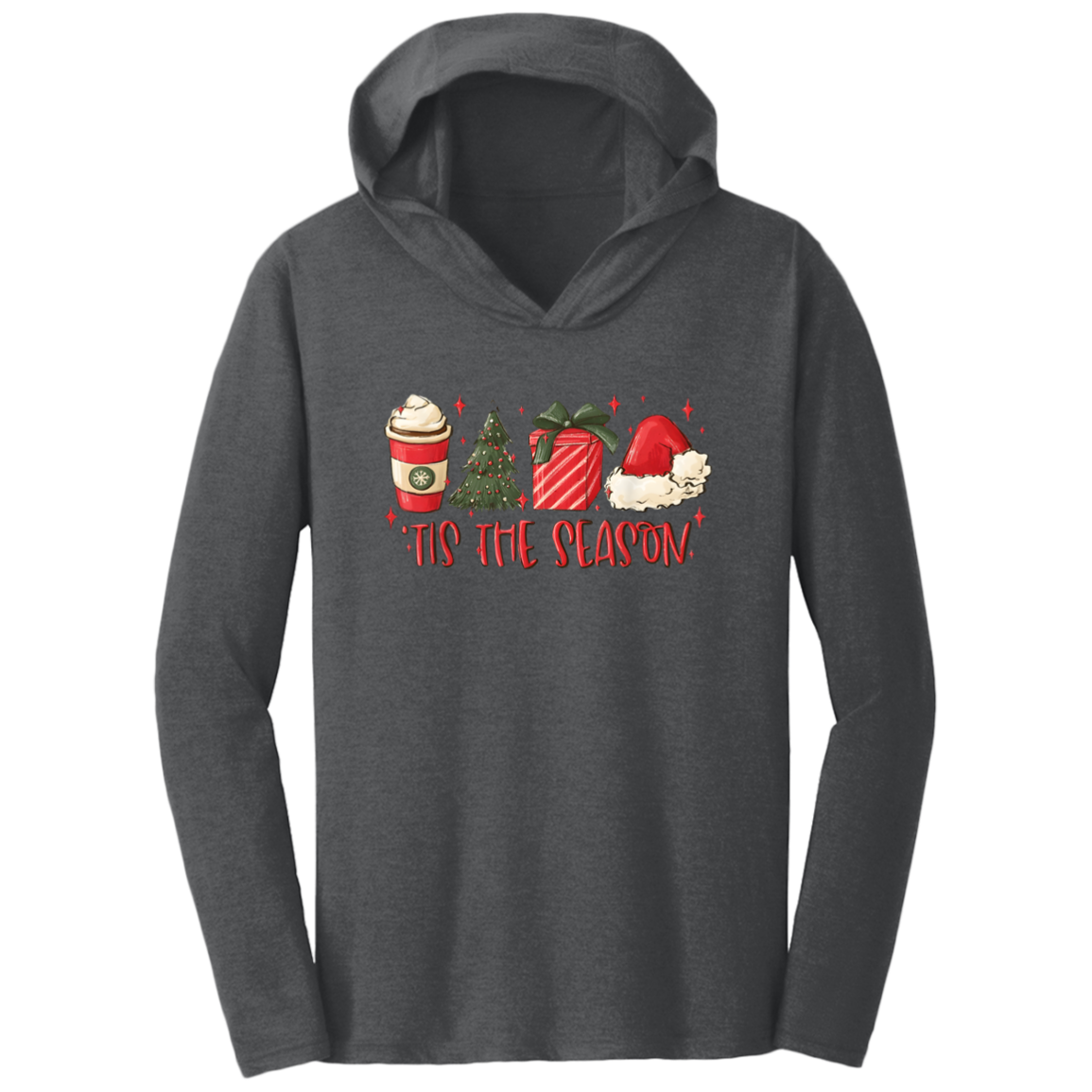 Tis The Season Christmas Tree, Present, Coffee, Santa Hat Triblend T-Shirt Hoodie