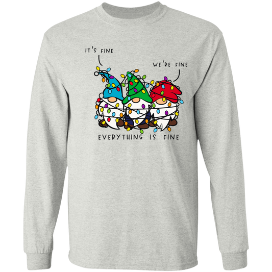 It's Fine, We're Fine, Everything Is Fine Christmas Lights Gnomes Funny Holiday LS T-Shirt