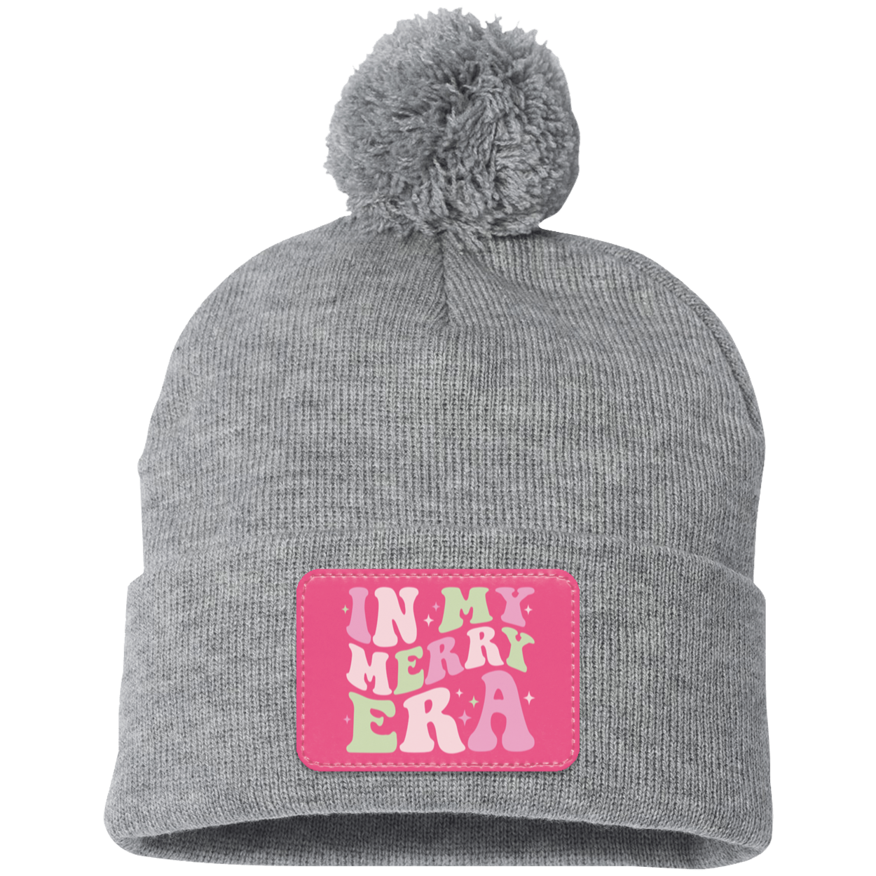 In My Merry Era Retro Christmas Pom Pom Knit Cap - Pink Patch