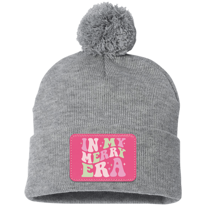 In My Merry Era Retro Christmas Pom Pom Knit Cap - Pink Patch