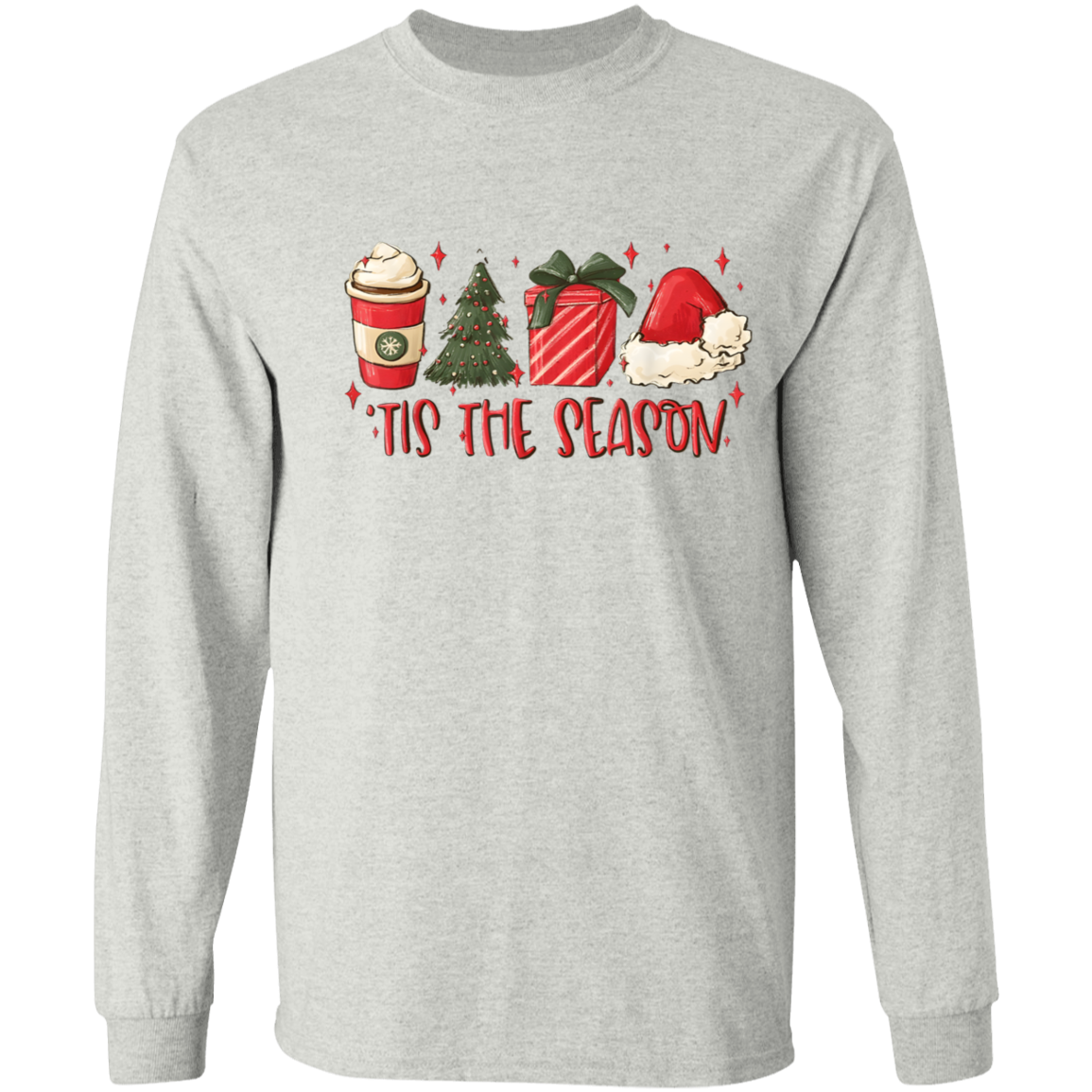 Tis The Season Christmas Tree, Present, Coffee, Santa Hat LS T-Shirt