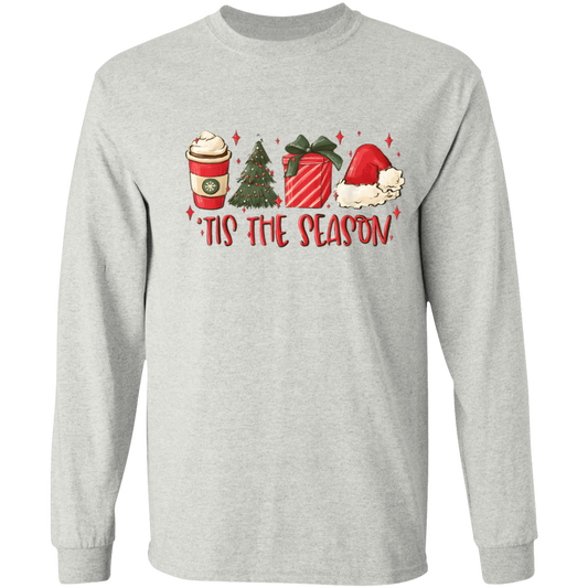 Tis The Season Christmas Tree, Present, Coffee, Santa Hat LS T-Shirt