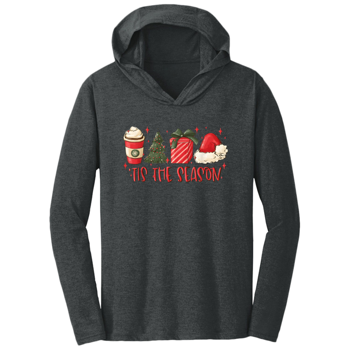 Tis The Season Christmas Tree, Present, Coffee, Santa Hat Triblend T-Shirt Hoodie