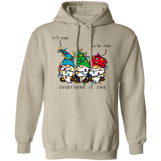 It's Fine, We're Fine, Everything Is Fine Christmas Lights Gnomes Funny Holiday Pullover Hoodie