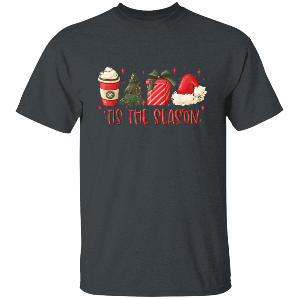 Tis The Season Christmas Tree, Present, Coffee, Santa Hat T-Shirt