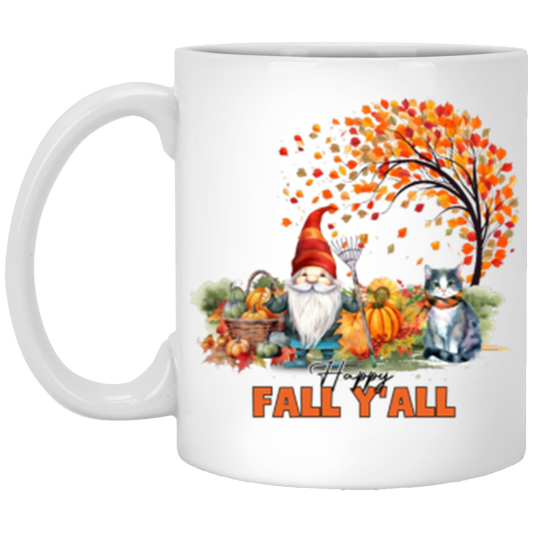 Happy Fall Y'all Gnome & Cat 11 oz or 15 oz White Ceramic Mug