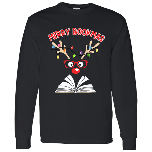 Merry Bookmas Reading Christmas Reindeer Cute Holiday LS T-Shirt