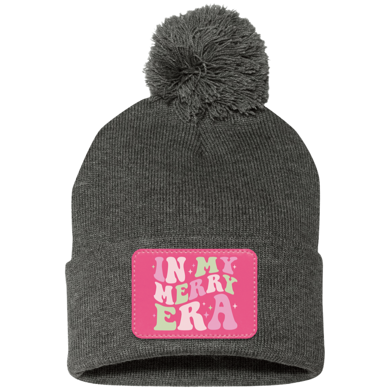 In My Merry Era Retro Christmas Pom Pom Knit Cap - Pink Patch