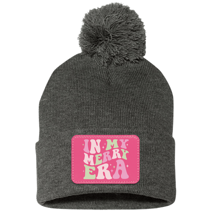 In My Merry Era Retro Christmas Pom Pom Knit Cap - Pink Patch