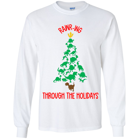 Dinosaur Christmas Tree Rawring Through The Holidays Youth LS T-Shirt