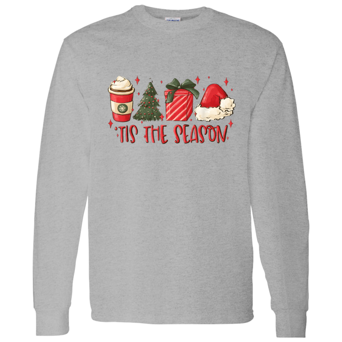 Tis The Season Christmas Tree, Present, Coffee, Santa Hat LS T-Shirt