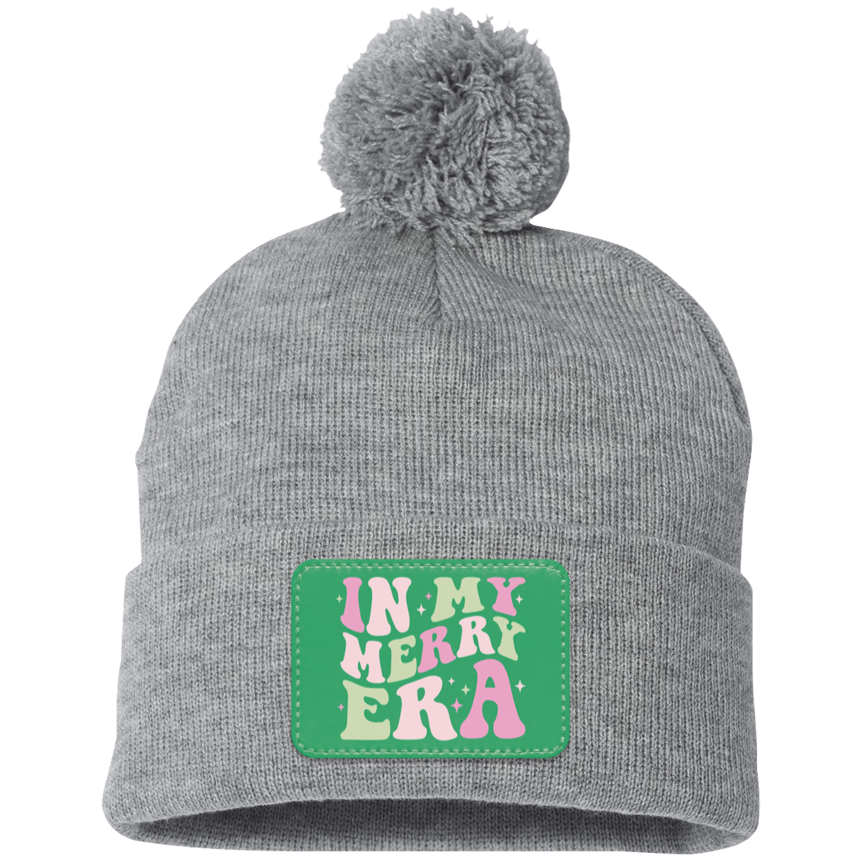 In My Merry Era Retro Christmas Pom Pom Knit Cap - Green Patch