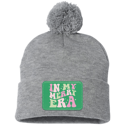 In My Merry Era Retro Christmas Pom Pom Knit Cap - Green Patch