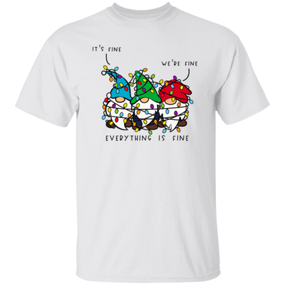 It's Fine, We're Fine, Everything Is Fine Christmas Lights Gnomes Funny Holiday T-Shirt