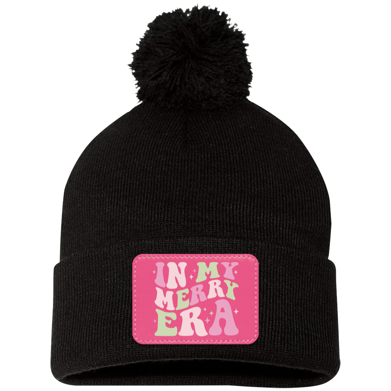 In My Merry Era Retro Christmas Pom Pom Knit Cap - Pink Patch