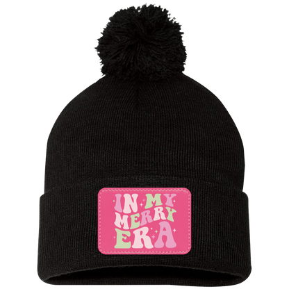 In My Merry Era Retro Christmas Pom Pom Knit Cap - Pink Patch