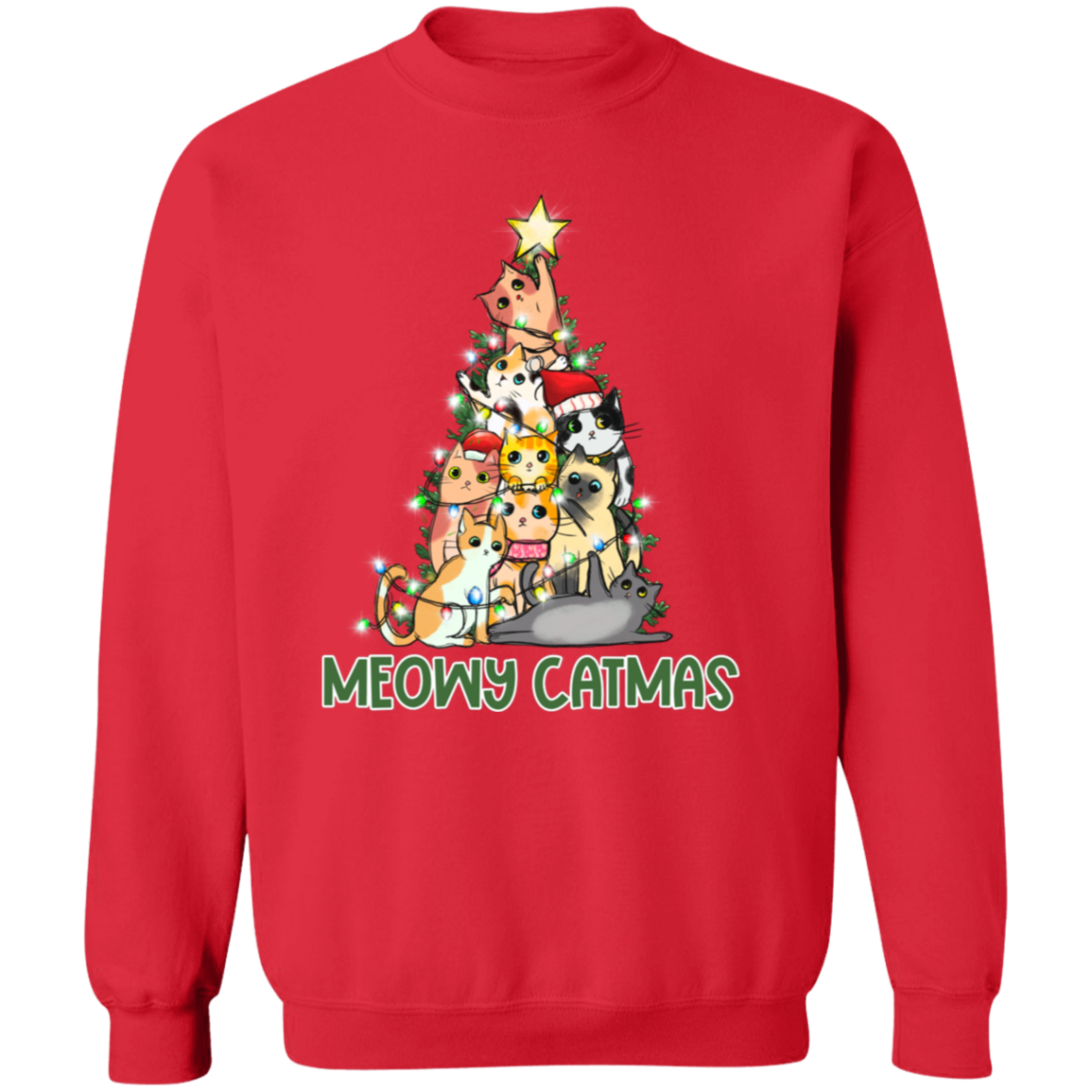 Meowy Catmas Cat Christmas Tree Cute Holiday Crewneck Pullover Sweatshirt