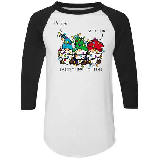 It's Fine, We're Fine, Everything Is Fine Christmas Lights Gnomes Funny Holiday Colorblock Raglan Jersey