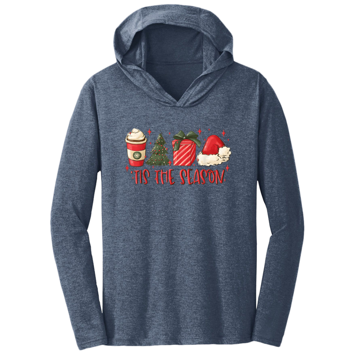 Tis The Season Christmas Tree, Present, Coffee, Santa Hat Triblend T-Shirt Hoodie