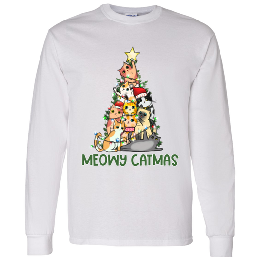 Meowy Catmas Cat Christmas Tree Cute Holiday LS T-Shirt