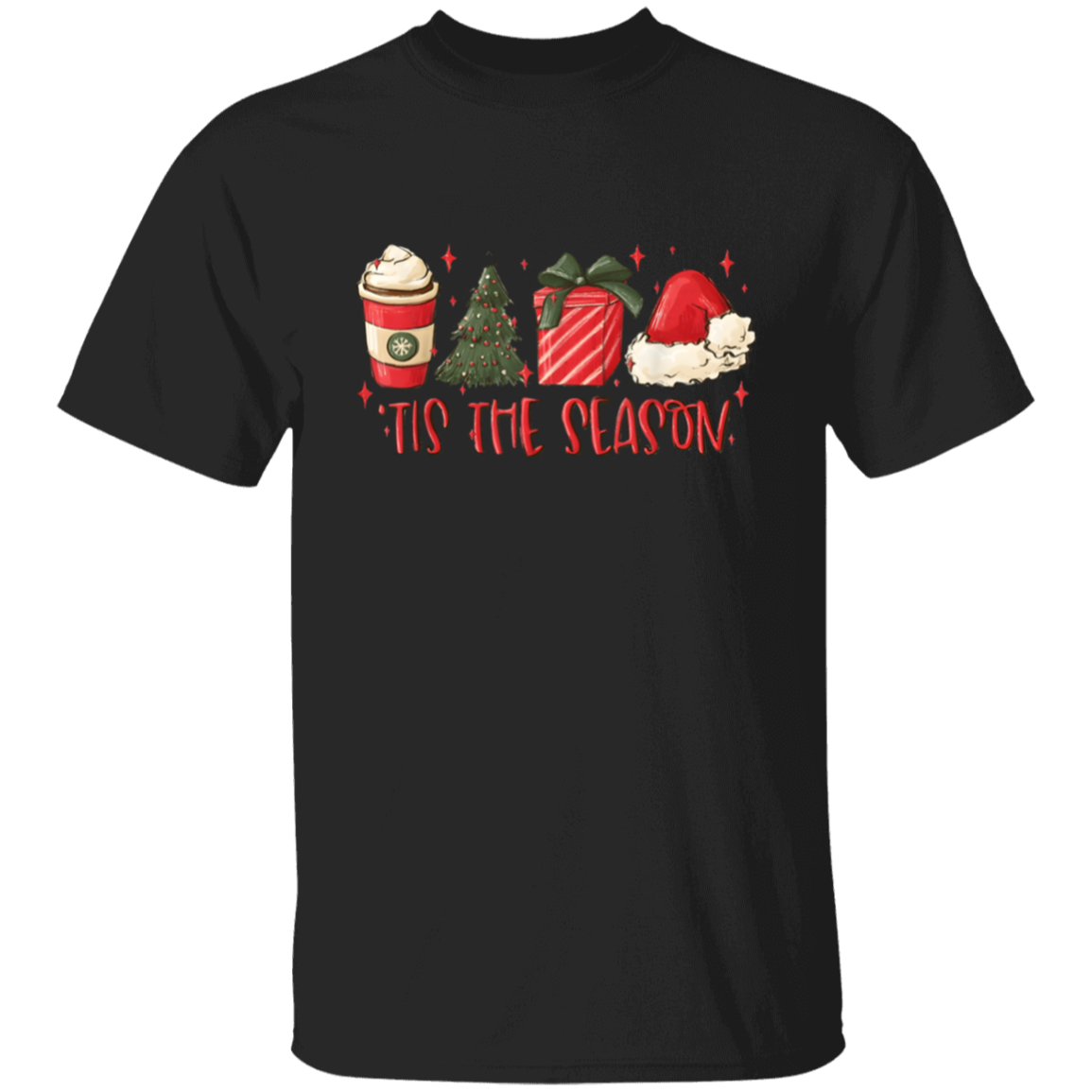 Tis The Season Christmas Tree, Present, Coffee, Santa Hat T-Shirt