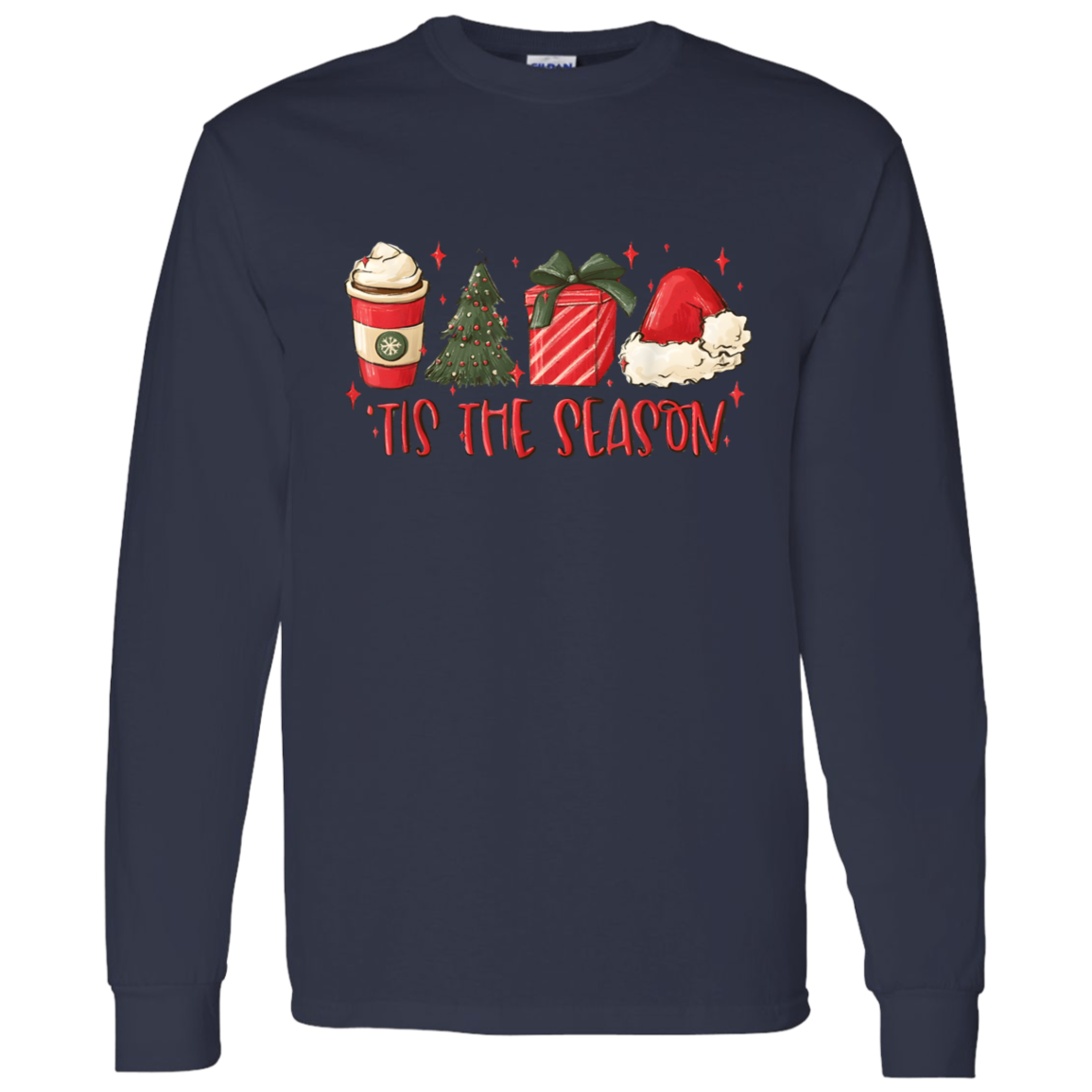 Tis The Season Christmas Tree, Present, Coffee, Santa Hat LS T-Shirt