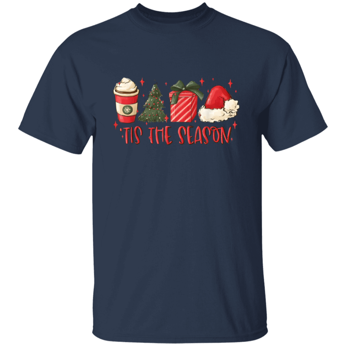 Tis The Season Christmas Tree, Present, Coffee, Santa Hat T-Shirt