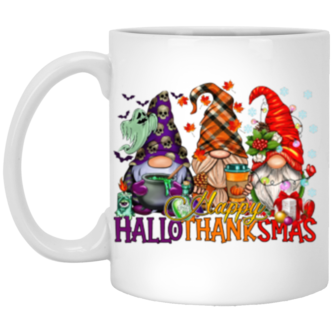 HalloThanksMas Gnomes 11 oz or 15 oz White Ceramic Mug - Halloween Thanksgiving Christmas