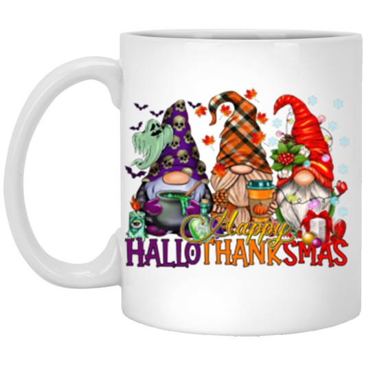 HalloThanksMas Gnomes 11 oz or 15 oz White Ceramic Mug - Halloween Thanksgiving Christmas