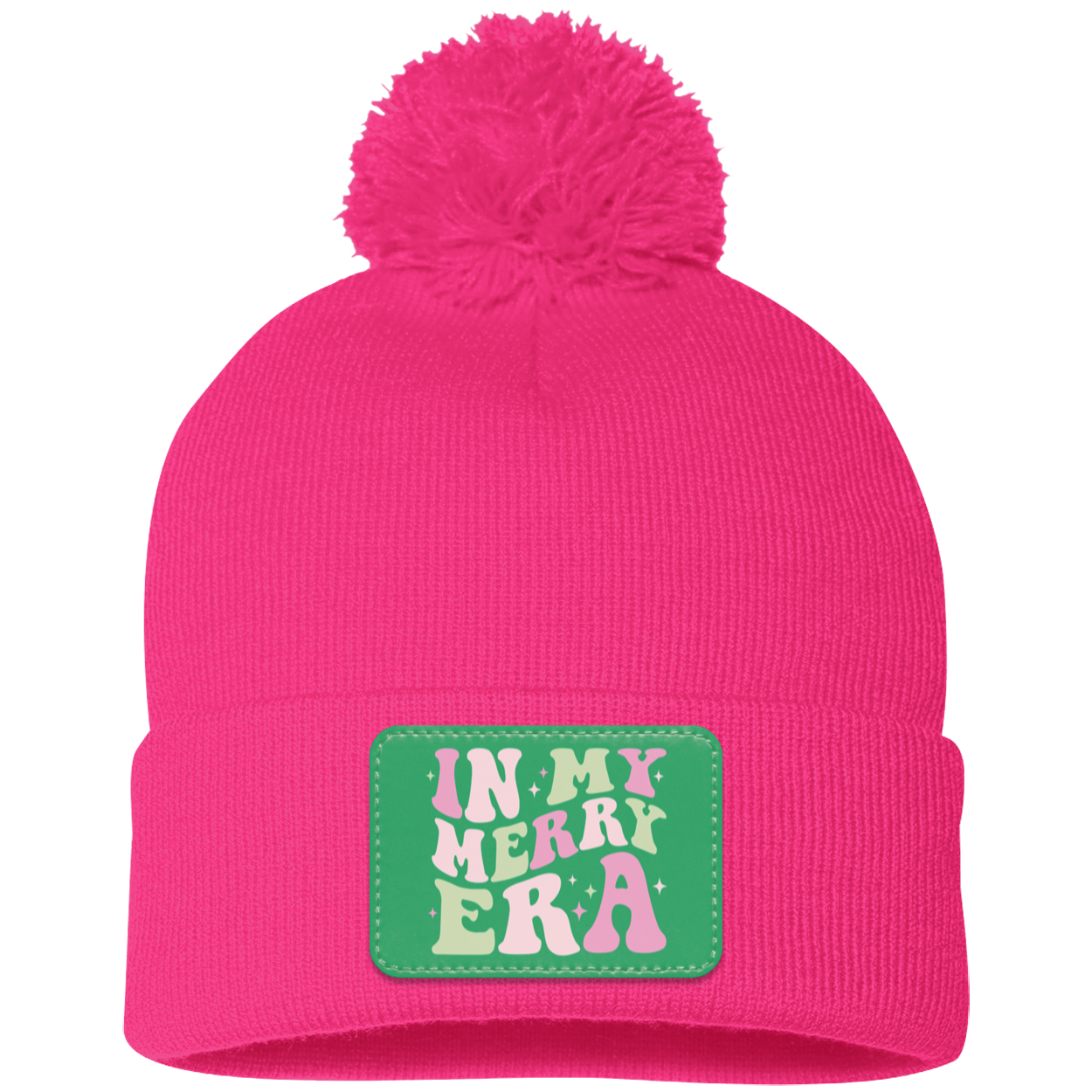 In My Merry Era Retro Christmas Pom Pom Knit Cap - Green Patch