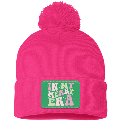 In My Merry Era Retro Christmas Pom Pom Knit Cap - Green Patch