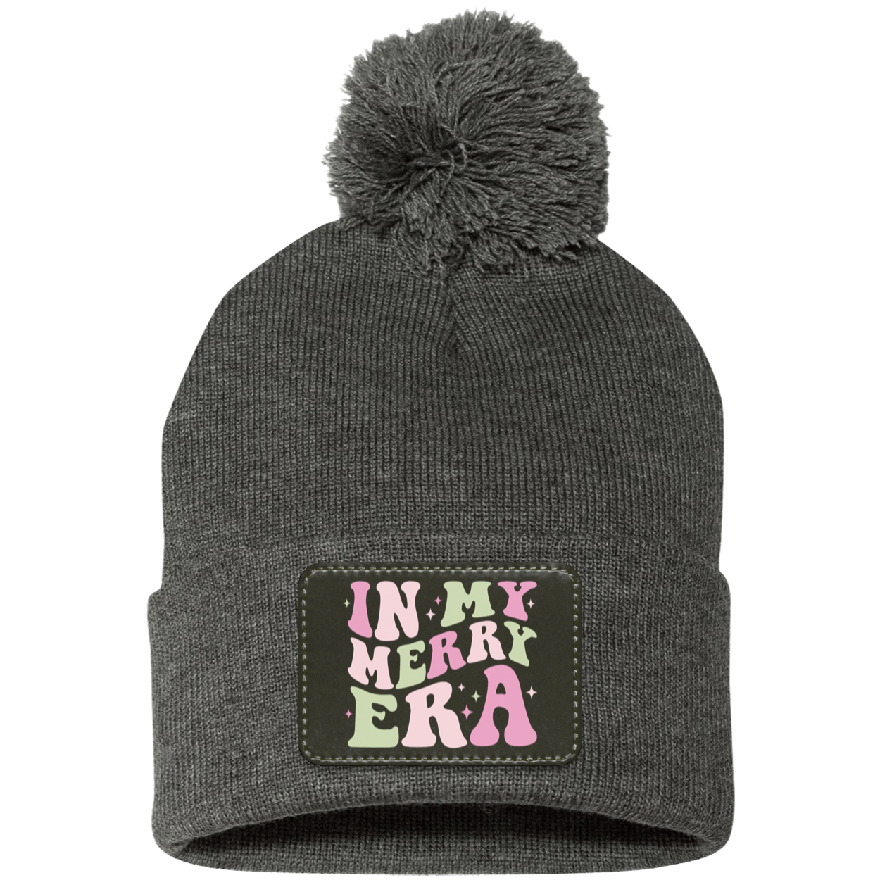 In My Merry Era Retro Christmas Pom Pom Knit Cap - Black Patch