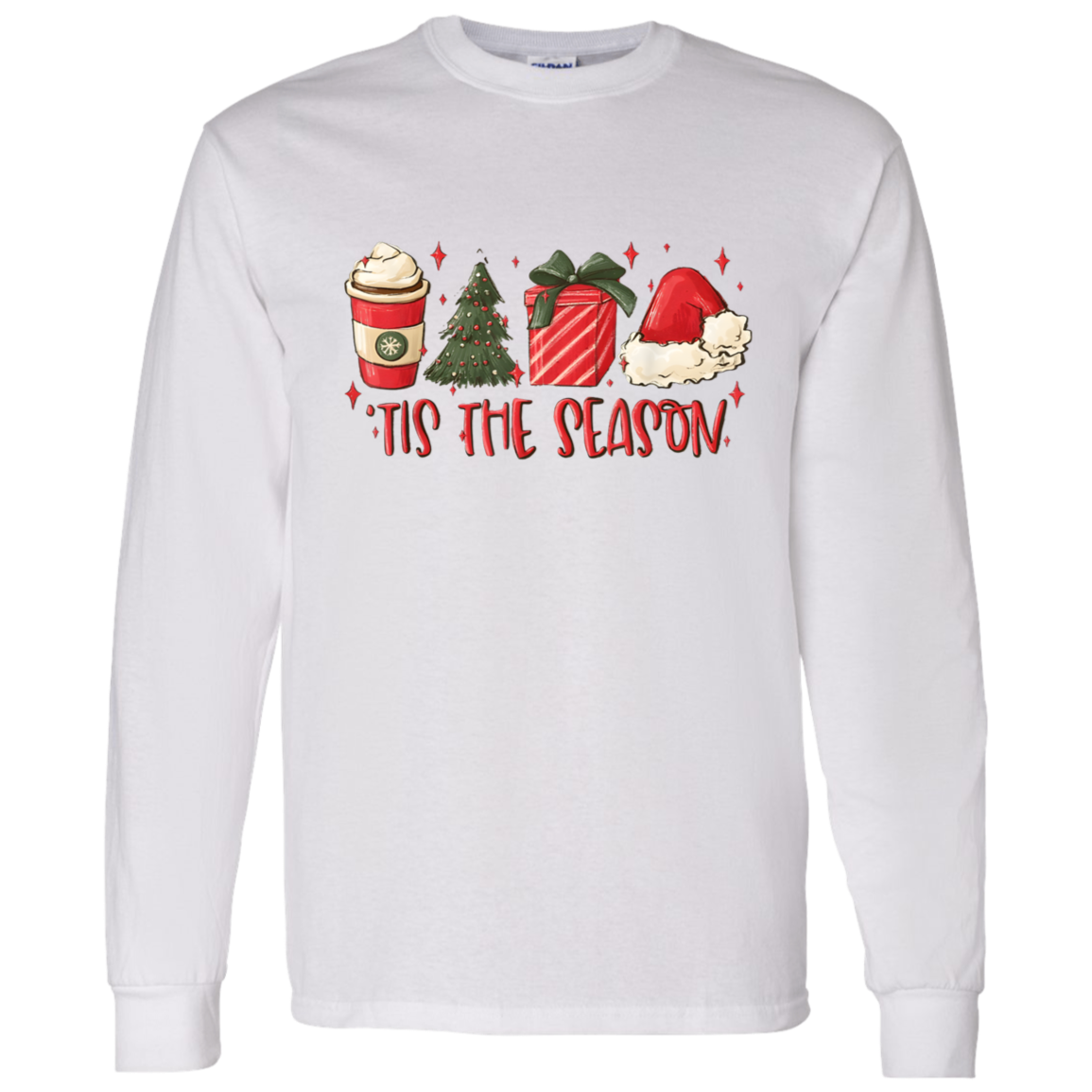 Tis The Season Christmas Tree, Present, Coffee, Santa Hat LS T-Shirt