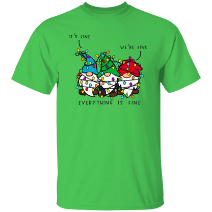 It's Fine, We're Fine, Everything Is Fine Christmas Lights Gnomes Funny Holiday T-Shirt