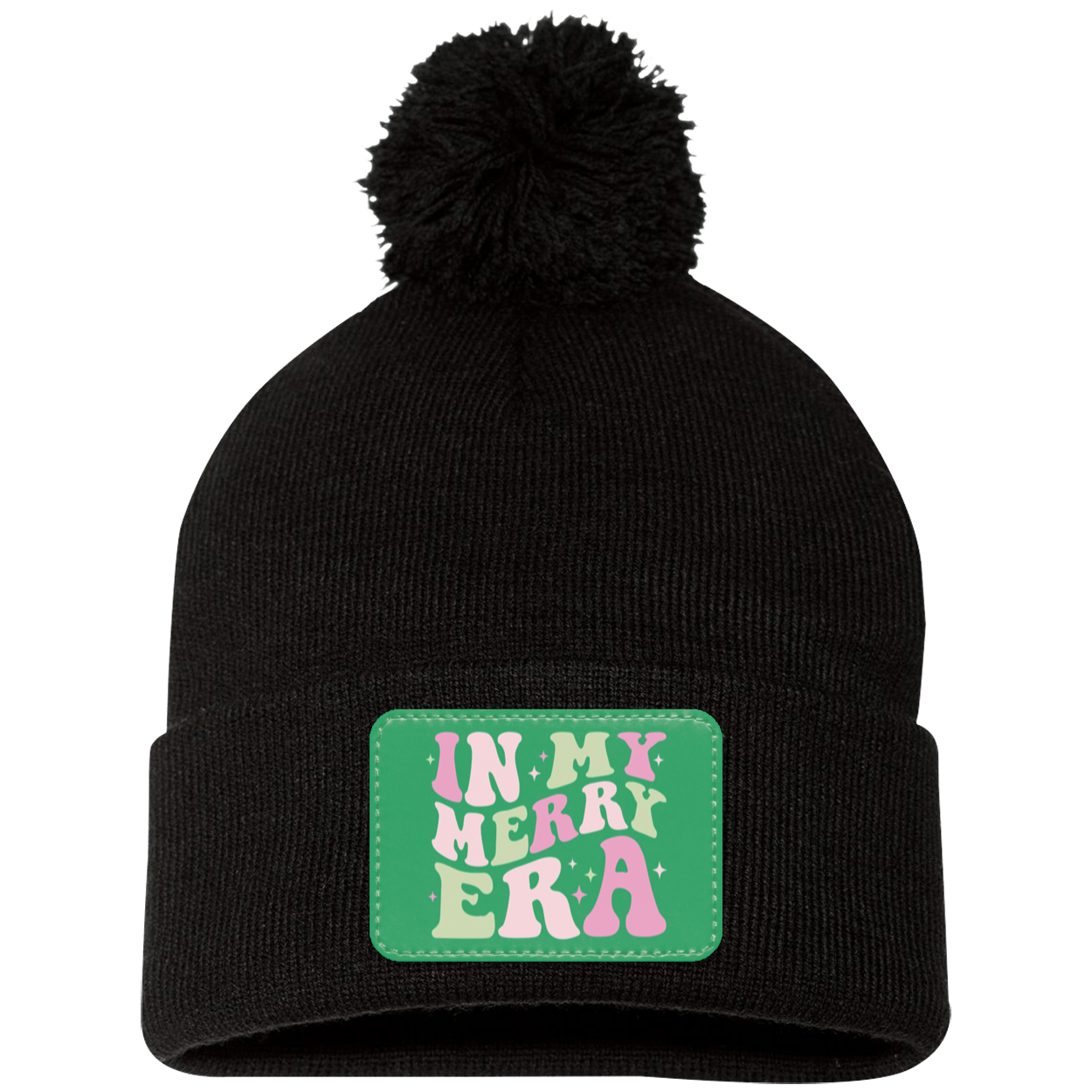 In My Merry Era Retro Christmas Pom Pom Knit Cap - Green Patch