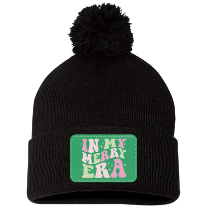 In My Merry Era Retro Christmas Pom Pom Knit Cap - Green Patch