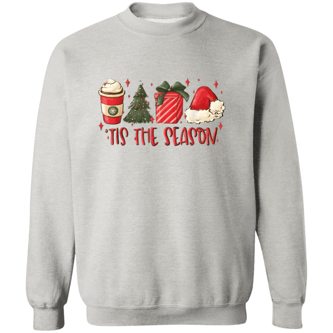 Tis The Season Christmas Tree, Present, Coffee, Santa Hat Crewneck Pullover Sweatshirt