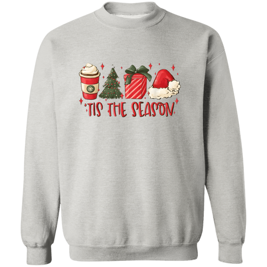 Tis The Season Christmas Tree, Present, Coffee, Santa Hat Crewneck Pullover Sweatshirt