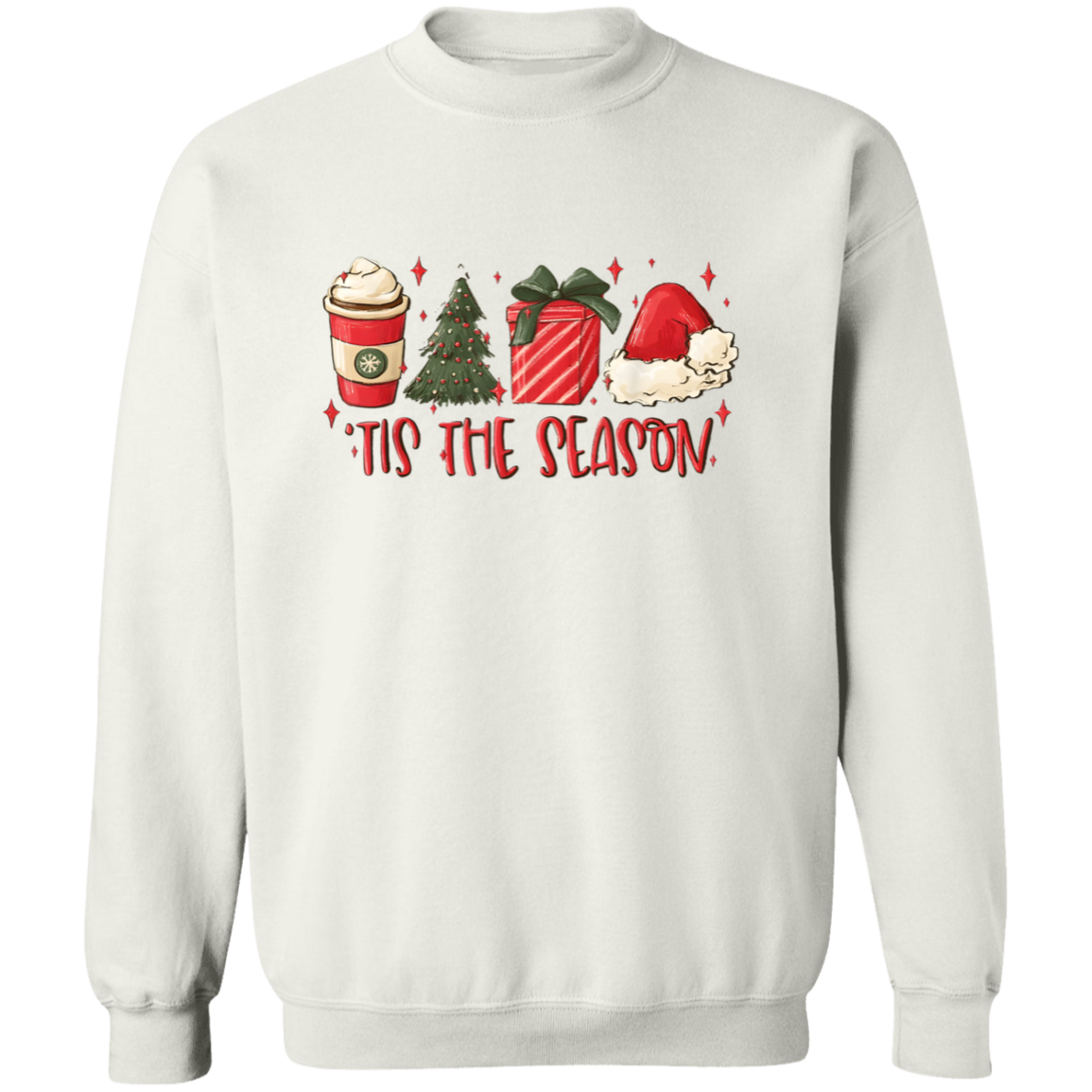 Tis The Season Christmas Tree, Present, Coffee, Santa Hat Crewneck Pullover Sweatshirt