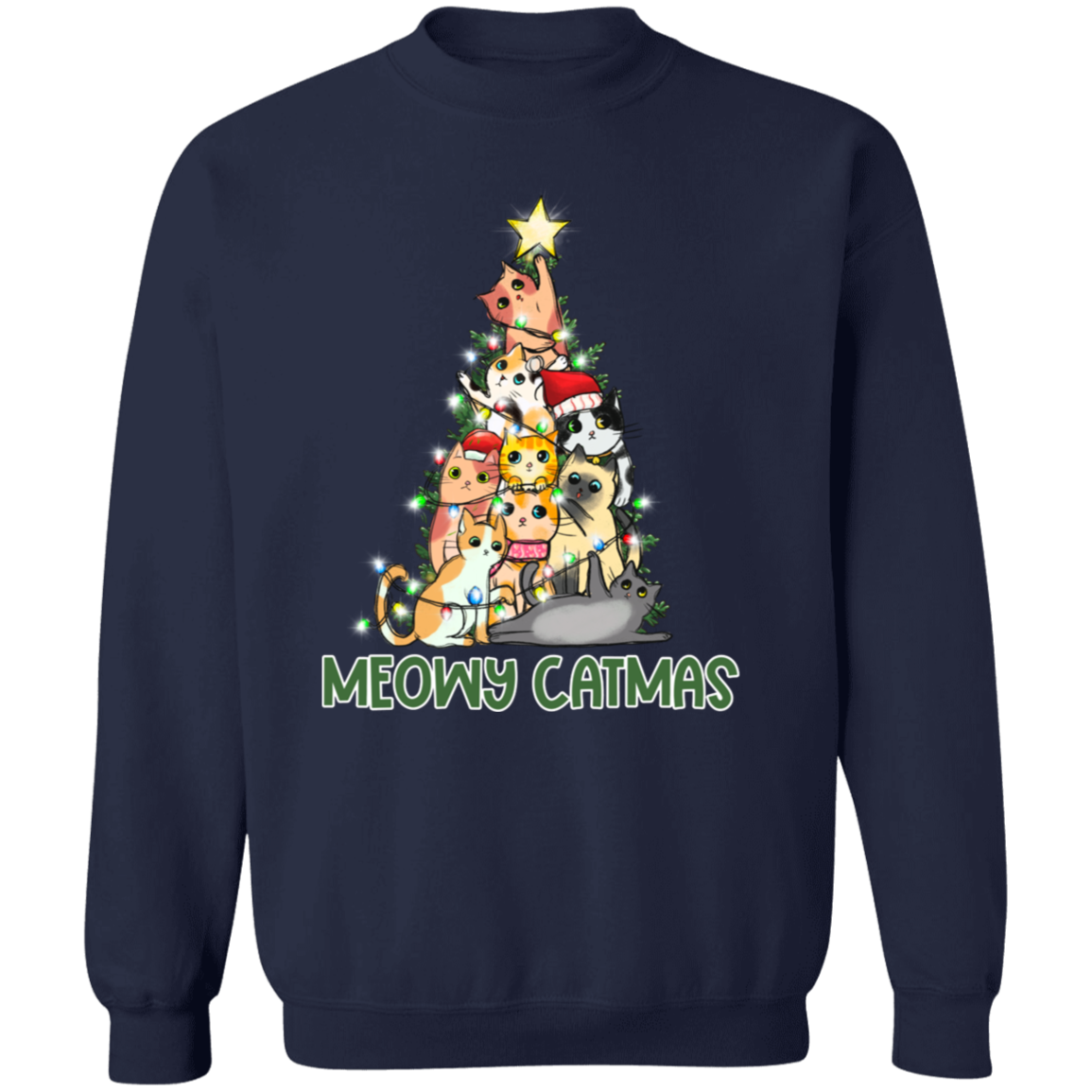 Meowy Catmas Cat Christmas Tree Cute Holiday Crewneck Pullover Sweatshirt