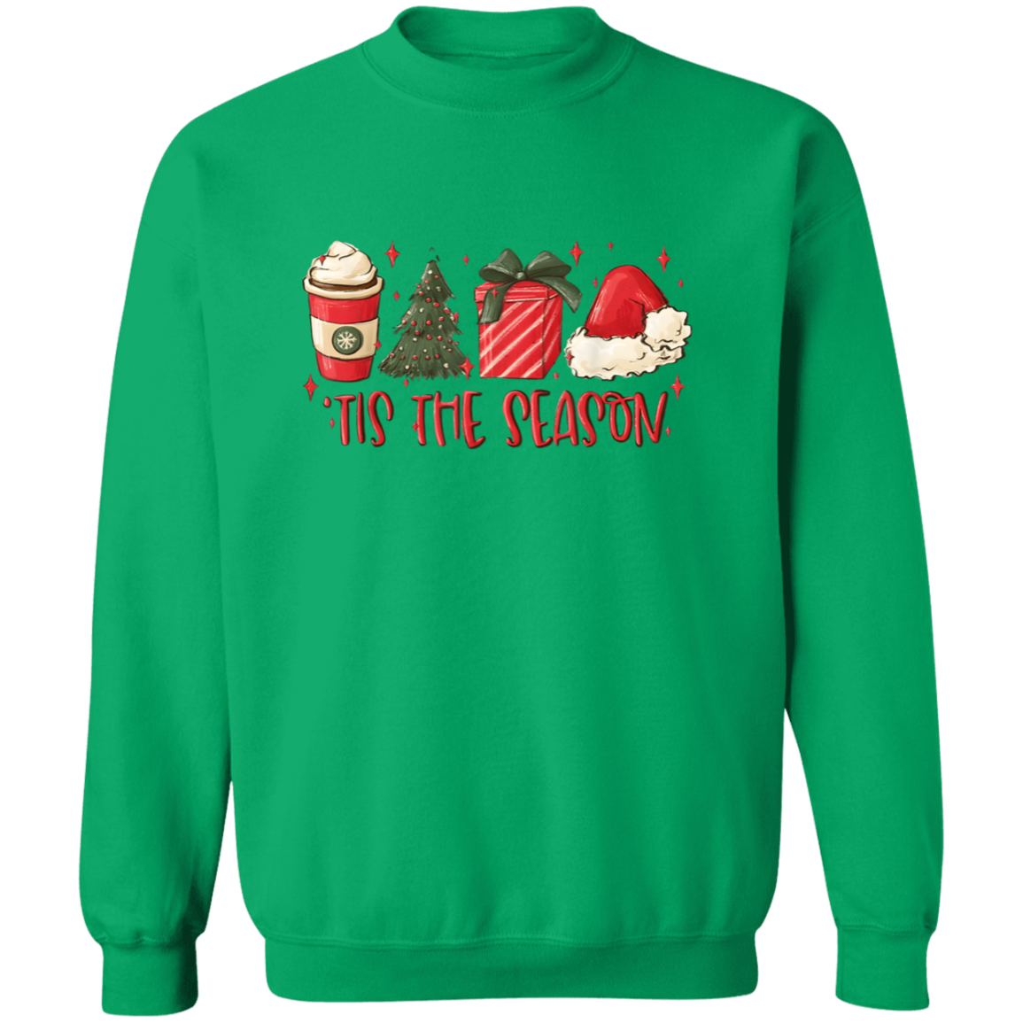 Tis The Season Christmas Tree, Present, Coffee, Santa Hat Crewneck Pullover Sweatshirt